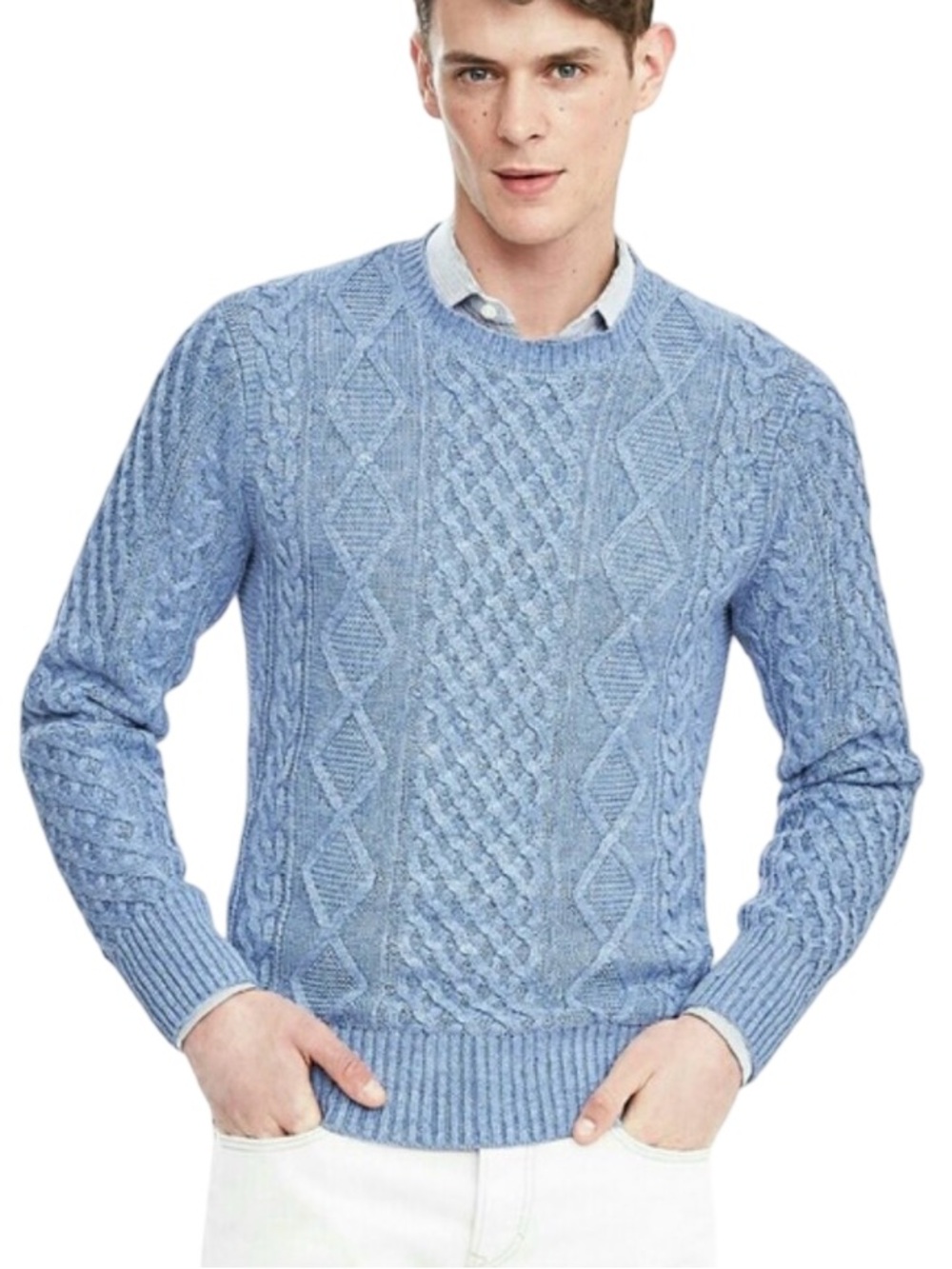 Banana Republic Men's Italion Linen Cable Knit Fisherman blue Sweater Size XL